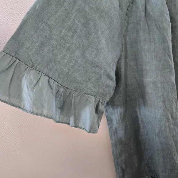 TERZO MILLENNIO sage Green Women's Size L 100% LINEN Babydoll Crop Tunic - Picture 7 of 10